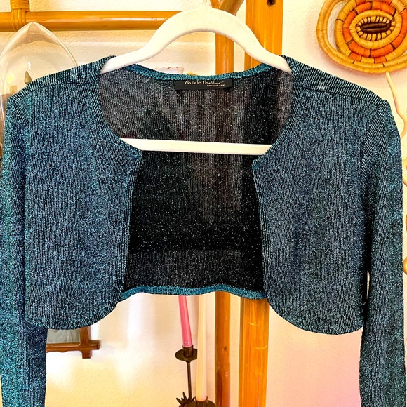 90s Nicole Miller Mini Cardigan Vintage Metallic Knit Cropped Sweater - Picture 2 of 10